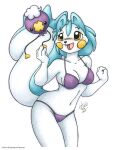  2021 ambiguous_gender anthro beady_eyes bikini black_eyes blue_body blue_fur blue_hair breasts clothing drifloon duo female feral fur hair michele_light nintendo open_mouth orange_eyes pachirisu pok&eacute;mon pok&eacute;mon_(species) purple_body simple_background swimwear text video_games white_background white_body white_fur yellow_body 