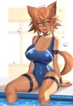  anthro big_breasts blacksaikou blue_eyes blush breasts brown_hair canid canine cleavage clothed clothing female hair hi_res japanese_kobold mammal monster_girl_(genre) monster_musume one-piece_swimsuit open_mouth polt_(monster_musume) solo swimwear wet 