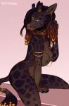  anthro areola armband black_nipples blue_eyes breasts ear_piercing eyebrows eyelashes facial_piercing female giraffe giraffid hair jewelry kaitycuddle kneeling mammal necklace nipple_piercing nipples nose_piercing piercing smile solo 