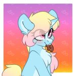  1:1 2019 absurd_res blonde_hair blue_body blue_fur chest_tuft dessert dotty_donut doughnut doughnut_in_mouth equid equine female feral food food_in_mouth fur hair hasbro hi_res horn itsspoopsb looking_up mammal my_little_pony pink_eyes simple_background smile solo tuft unicorn 