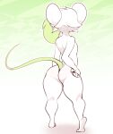  anthro butt curvy_figure furgonomics girly green_hair hair hi_res long_hair lyme-slyme male mammal mouse mousetrap_(character) murid murine nails nude rear_view rodent simple_background solo standing thick_thighs white_body 
