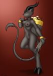  anthro basket blonde_hair bovid breasts brow_hair caprine carrying cloven_hooves container danaume demon eyebrows fangs female flog genitals goat grey_body grey_hair hair hi_res holding_object hooves horn krampus mammal navel nipples nude pussy shackles shackles_only short_hair side_view simple_background solo standing tail_tuft teeth tongue tongue_out tuft 