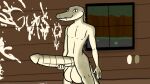  16:9 alligator alligatorid anthro balls big_balls big_penis bodily_fluids brown_eyes crocodilian cum cum_writing forest forest_background genital_fluids genitals hand_on_penis hi_res lily_pad male nature nature_background penis plant pond reptile reptile_tail ridged_penis scalie smile solo swamp tree widescreen window 