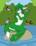  2021 3_toes anthro ariah_(bloodline) avian barefoot bath bathing bird black_nose blep bloodline_(webcomic) breasts butt canid canine canis delisle feet female fingers foot_in_water forest fur green_body green_fur green_hair group hair hi_res hindpaw humanoid_hands long_hair mammal multicolored_body multicolored_fur nature navel nude on_rock outside pawpads paws plant signature sitting sitting_on_rock skinny_dipping smile toes tongue tongue_out tree two_tone_body two_tone_fur water white_body white_fur wolf 