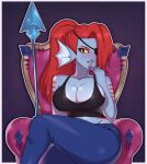  animal_humanoid bangs big_breasts bottomwear breasts chair clothed clothing cuteemmy eye_patch eyewear female fish fish_humanoid fully_clothed furniture hair hi_res humanoid looking_at_viewer marine marine_humanoid orange_sclera pants red_eyes red_hair shirt sitting solo sphere teeth topwear undertale undyne video_games weapon 
