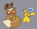  2019 anthro areola big_breasts blush breasts brown_body brown_fur brown_hair chest_tuft dialogue digital_media_(artwork) dipstick_tail eevee english_text fangs female fluffy fluffy_tail fur genitals grey_background hair hi_res huge_breasts iamaneagle_(artist) multicolored_tail navel nintendo nipples open_mouth outline pictographics pikachu pok&eacute;mon pok&eacute;mon_(species) pussy simple_background slightly_chubby speech_bubble text thick_thighs tuft video_games white_outline wide_hips 