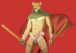  2021 abs anthro ars_goetia atlus bottomwear bracelet cape clothed clothing demon felid hi_res holding_object holding_sword holding_weapon jewelry jrjresq leopard male mammal megami_tensei melee_weapon muscular muscular_anthro muscular_male navel ose_(megami_tensei) pantherine pecs red_background simple_background smile solo spots standing sword topless topless_male video_games weapon 