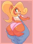  3:4 4_fingers absurd_res activision anthro bandicoot behniis big_butt blonde_hair bodily_fluids breasts butt clothing coco_bandicoot crash_bandicoot_(series) exposed_butt eyelashes female fingers fur green_eyes hair hi_res huge_butt looking_back makeup mammal marsupial mascara orange_body orange_fur overalls panties pear-shaped_figure ponytail rear_view side_boob simple_background slightly_chubby solo sweat thick_thighs torn_clothing underwear video_games wardrobe_malfunction wide_hips 
