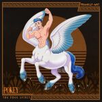  1:1 abs blue_eyes blue_hair equid equid_taur equine european_mythology facial_hair frankly-art goatee greek_mythology hair hi_res hooves horse humanoid humanoid_taur magic male mammal mammal_taur muscular muscular_male mythology navel pecs pegasus pholus_reborn pokey_(pholus_reborn) pterippus_taur smile solo sparkles taur teats wings 