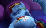  2021 absurd_res bed blue_body blue_fur cutie_mark darksly-z digital_media_(artwork) equid equine eyes_closed feral friendship_is_magic fur furniture hasbro hi_res lying mammal multicolored_tail my_little_pony on_bed on_side pegasus rainbow_dash_(mlp) rainbow_tail solo wings 