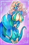  absurd_res adantel anthro areola belly_dancer big_breasts big_butt blonde_hair blue_body breasts butt clothed clothing digital_media_(artwork) dragon ear_piercing female gold_(metal) gold_jewelry green_eyes hair harem_outfit hi_res jewelry leonifa long_hair looking_at_viewer nipples piercing scalie simple_background smile solo standing thick_thighs translucent wide_hips yellow_body 