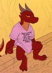  2021 3_toes anthro baggy_clothing biped bottomless bral captainzepto clothed clothing detailed_background digital_media_(artwork) english_text feet hi_res humor kobold male orange_sclera pink_clothing pink_shirt pink_topwear red_body red_scales scales scalie shirt sitting solo t-shirt text text_on_clothing text_on_shirt text_on_topwear toes topwear 