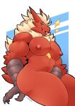  2021 anthro avian beak biceps big_pecs bird blaziken blue_eyes claws digital_media_(artwork) feathers finger_claws front_view hi_res male muscular muscular_anthro muscular_male nintendo nipples nude open_beak open_mouth open_smile pecs pink_tongue pok&eacute;mon pok&eacute;mon_(species) red_beak red_body red_feathers schwarzfox scuted_arms shaded signature simple_background smile smiling_at_viewer solo sparkles tail_feathers thick_thighs tongue video_games white_background yellow_sclera 