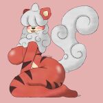  1:1 absurd_res anthro big_butt blush breasts butt canid canine fangs female fluffy fluffy_tail fur glistening glistening_body glistening_skin hair_over_eyes happy hi_res hisuian_growlithe kneeling looking_at_viewer looking_pleasured mammal nintendo nipples orange_body orange_fur pok&eacute;mon pok&eacute;mon_(species) pokemon_legends_arceus regional_form_(pok&eacute;mon) shaded simple_background simple_coloring simple_shading solo stripes thick_tail thick_thighs traashmann video_games 