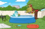  absurd_res anthro blue_body bottomwear clothed clothing coconut dragon drinking drupe_(fruit) duo eyewear food fruit green_body hair hi_res horn jumping male nameless00 outside plant poolside red_hair scalie shorts shrub sunglasses topless tree water 