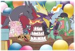  ambiguous_gender apron balloon cake charizard clothing dessert dreepy eevee fire food furniture gift_box group grovyle hat headgear headwear inflatable jacket musical_note nintendo party_hat pok&eacute;mon pok&eacute;mon_(species) pok&eacute;mon_mystery_dungeon shiny_pok&eacute;mon table topwear toxtricity video_games volmise 