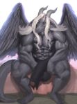  2_horns 4_fingers 4_toes abs anthro balls barely_visible_genitalia barely_visible_penis big_balls big_muscles big_penis black_bottomwear black_clothing black_loincloth bottomwear bottomwear_only bulge clothed clothing dark_body dark_feathers dark_skin dark_wings digital_media_(artwork) digital_painting_(artwork) dragon eyes_closed feathered_wings feathers feet fingers full-length_portrait genital_outline genitals glans glistening glistening_arms glistening_body glistening_genitalia glistening_glans glistening_penis grey_body grey_feathers grey_skin grey_wings hair hand_on_leg hi_res horn huge_muscles huge_penis loincloth loincloth_only long_hair long_penis male muscular muscular_anthro muscular_male penis penis_outline portrait richard_pinkman shaded sitting soft_shading solo toes topless white_hair wings 