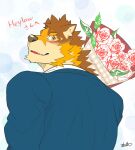  anthro barrel_(live-a-hero) blush bouqet canid canine canis clothing flower fur hi_res live-a-hero looking_back male mammal multicolored_body multicolored_fur plant rose_(flower) solo suit video_games wolf zenon_s2017 
