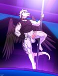  anthro athletic athletic_anthro athletic_male balls black_body black_clothing black_feathers black_wings bottomless clothed clothing collar dragon erection feathered_dragon feathered_wings feathers fingerless_gloves genitals gloves hair handwear hi_res male nameless00 penis pole shirt solo stripper_pole tank_top tongue tongue_out topwear white_body white_hair windragon wings 