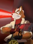  3:4 5_fingers belt bodily_fluids brown_body brown_fur canid canine clothing dama624 eyebrows fingerless_gloves fingers fox fox_mccloud fur gloves gun handwear holding_object looking_aside male mammal nintendo ranged_weapon scarf solo star_fox sweat video_games weapon white_body white_fur 