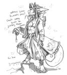  2021 abs absurd_res ankle_wraps anthro belt chest_scar claws clothed clothing curved_horn dialogue dragon ear_piercing ear_ring english_text hair head_tuft hi_res holding_object holding_sword holding_weapon horn horn_jewelry horn_ring looking_at_viewer male melee_weapon monochrome neck_tuft open_clothing open_shirt open_topwear piercing redponei ring_(jewelry) robe scalie scar shirt signature simple_background sketch solo step_pose sunike sword talking_to_viewer tassle text toe_claws topwear tree_stump tuft weapon white_background 