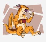  anthro beverage claws coffee dragon hi_res horn male nameless00 open_mouth scalie solo tired wings yawn yellow_body 