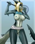  absurd_res anthro athletic big_breasts blonde_hair bottomwear breasts clothed clothing clothing_lift digital_media_(artwork) female fish genitals hair hellanoided hi_res looking_at_viewer marine midriff no_underwear pussy raised_clothing raised_shirt raised_topwear shaded shark shirt skirt skirt_lift smile solo tennis topwear 