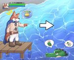  &lt;3 adventurer anthro canid canine canis cape clothing crocodile crocodilian crocodylid domestic_dog duo gameplay_mechanics male male/male mammal nullraihigi pier reptile scalie underwater water 