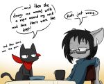  2018 anthro beverage black_body black_fur black_hair coffee dialogue digital_media_(artwork) domestic_cat duo english_text eyewear felid feline felis fingers fur glasses grey_body grey_fur hair male mammal mouthless nichijou sakamoto_(nichijou) sandwich-anomaly scarf simple_background simple_eyes sitting sunglasses teeth text van_(sandwich-anomaly) vertical_bar_eyes whiskers 