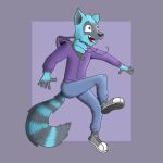  1:1 anthro blue_body blue_eyes blue_fur bottomwear canid canine canis clothed clothing footwear fur grey_body grey_fur hi_res hoodie hybrid jumping male mammal open_mouth pants purple_clothing raccoon_dog shoes simple_background smile sneakers solo sweatpants tooundone topwear wolf zipper 