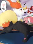  2021 3_toes absurd_res anthro anus black_body black_fur blush bodily_fluids braixen butt cute_fangs dated dipstick_tail eryz feet female fur genitals hi_res holding_object inner_ear_fluff kneeling looking_at_viewer looking_back low-angle_view multicolored_tail nintendo open_mouth orange_body orange_fur pawpads paws pok&eacute;mon pok&eacute;mon_(species) pussy red_eyes red_nose signature solo sweat sweatdrop toes tongue tuft video_games white_body white_fur yellow_body yellow_fur 