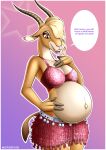  2021 absurd_res antelope anthro belly big_belly big_breasts blonde_hair bottomwear bovid bra breasts cleavage clothed clothing dialogue digital_media_(artwork) disney english_text female fur gazelle gazelle_(zootopia) hair hand_on_own_stomach hand_on_stomach hi_res horn mammal navel nerdroid open_mouth open_smile outie_navel pregnant pregnant_female signature skirt smile solo speech_bubble tan_body tan_fur teeth text underwear zootopia 