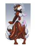  2021 4:5 7_tails anthro biped border breasts brown_hair bulge canid canine clothing dated destiny_(milodesty) disembodied_hand duo featureless_breasts fox groping_crotch gynomorph hair hi_res intersex mammal milodesty multi_tail rubber rubber_suit signature simple_background solo_focus standing submissive submissive_anthro submissive_gynomorph submissive_intersex white_border 