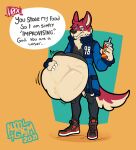  abdominal_bulge angry anthro awoogasm belly belly_squish beverage big_belly canid canine canis clothed clothing dialogue digital_media_(artwork) fangs footwear fur hair hand_on_stomach hi_res jacket male mammal mean neck_tuft oral_vore orange_eyes red_body red_fur rumbling_stomach shirt shoes simple_background soft_vore solo squish text topwear tuft vore vox_(voxelcubed) wolf 
