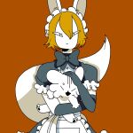  1:1 87sukiyaki ambiguous_gender amphibian anthro armwear blonde_hair bodily_fluids canid canine clothed clothing crossdressing duo fox hair hi_res holding_another maid_uniform male mammal neck_bow salamander_(amphibian) semi-anthro sweat uniform white_body 