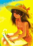  blue_eyes breasts brown_hair cleavage dress flower hat highres kobayashi_yuuji long_hair neon_genesis_evangelion orange_dress pencil sitting sketchbook small_breasts solo souryuu_asuka_langley yellow 