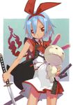  blue_hair bunny disgaea highres kuroboshi_kouhaku original pleinair pointy_ears red_eyes ribbon short_hair solo stuffed_animal stuffed_bunny stuffed_toy sword usagi-san weapon 