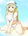  alicia_florence aria barefoot bikini blonde_hair blue_eyes breasts feet hat highres huge_breasts long_hair plump solo swimsuit thighs toes zundarepon 