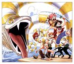  4boys animal cloud eye_pop giant_snake hat highres midriff monkey_d_luffy multiple_boys nami_(one_piece) ocean oda_eiichirou one_piece oversized_animal pink_hat reindeer roronoa_zoro sanji sharp_teeth snake straw_hat sword teeth tony_tony_chopper usopp water weapon 