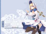  black_legwear blonde_hair bonnet bow colored_eyelashes cross eyelashes fantasy_earth_zero hat highres panties purple_eyes ribbon see-through shingo_(missing_link) short_hair solo staff thighhighs underwear wallpaper white_panties 