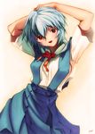  :d arms_up artist_name ayanami_rei bangs bare_arms blue_hair blue_skirt breasts collared_shirt cowboy_shot hair_between_eyes hands_on_own_head head_tilt highres kobayashi_yuuji looking_at_viewer medium_breasts neon_genesis_evangelion open_mouth red_eyes red_neckwear red_ribbon ribbon school_uniform shirt short_hair short_sleeves signature skirt smile solo white_background white_shirt 
