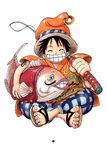  1boy fish fishing_rod hat highres indian_style male male_focus monkey_d_luffy oda_eiichirou official_art one_piece sitting smile solo straw_hat 