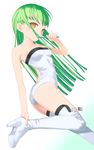  bangs bare_shoulders boots c.c. code_geass green_hair high_heels highres long_hair shoes solo thighhighs toothbrush uni 