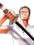  1boy earrings frown green_hair highres jewelry looking_at_viewer male male_focus oda_eiichiro oda_eiichirou official_art one_piece roronoa_zoro shirt simple_background solo sword weapon white_background white_shirt 