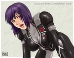  1girl all_fours azasuke blue_hair bodysuit breasts cleavage cyborg female ghost_in_the_shell highres kusanagi_motoko purple_hair red_eyes short_hair skin_tight skintight solo watermark 