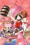  4boys :d ^_^ bandaid barrel black_hair closed_eyes cup eating food food_in_mouth foreshortening from_above hat high_heels highres holding in_tree looking_at_viewer meat miniskirt monkey_d_luffy mug multiple_boys nami_(one_piece) obentou oda_eiichirou one_piece onigiri open_mouth outstretched_arm petals picnic pink_hat red_vest roronoa_zoro sandals sanji shorts sitting sitting_in_tree skewer skirt smile straw_hat toast_(gesture) tony_tony_chopper tree usopp vest yokozuwari 