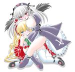  blonde_hair blue_eyes breast_press breasts huge_breasts imai_kazunari long_hair long_sleeves multiple_girls one_eye_closed open_mouth red_eyes rozen_maiden shinku simple_background strap_slip suigintou thighhighs very_long_hair white_background white_legwear 