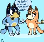  anthro australian_cattle_dog bandit_heeler beverage beverage_can blue_body blue_fur bluey_(series) blush bodily_fluids canid canine canis cattledog chilli_heeler cyan_background dialogue digital_media_(artwork) domestic_dog duo english_text female finger_gun fur gesture hand_on_hip herding_dog holding_beverage holding_object looking_back male male/female mammal multicolored_body multicolored_fur nervous nervous_grin nervous_smile nervous_sweat open_mouth orange_body orange_fur pastoral_dog pinkpunk95 signature simple_background smile soda speech_bubble standing sweat text 