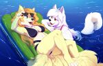  anthro bikini blue_eyes breasts canid canine clothing digital_media_(artwork) duo female fox fur hair hakkids2 mammal multi_tail partially_submerged pool_float red_eyes shaded swimming_pool swimwear water white_body white_fur white_hair 