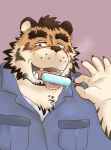  2021 anthro az_paipai blush bodily_fluids clothing felid food humanoid_hands kemono licking male mammal overweight overweight_male pantherine popsicle shirt simple_background solo sweat tiger tongue tongue_out topwear 